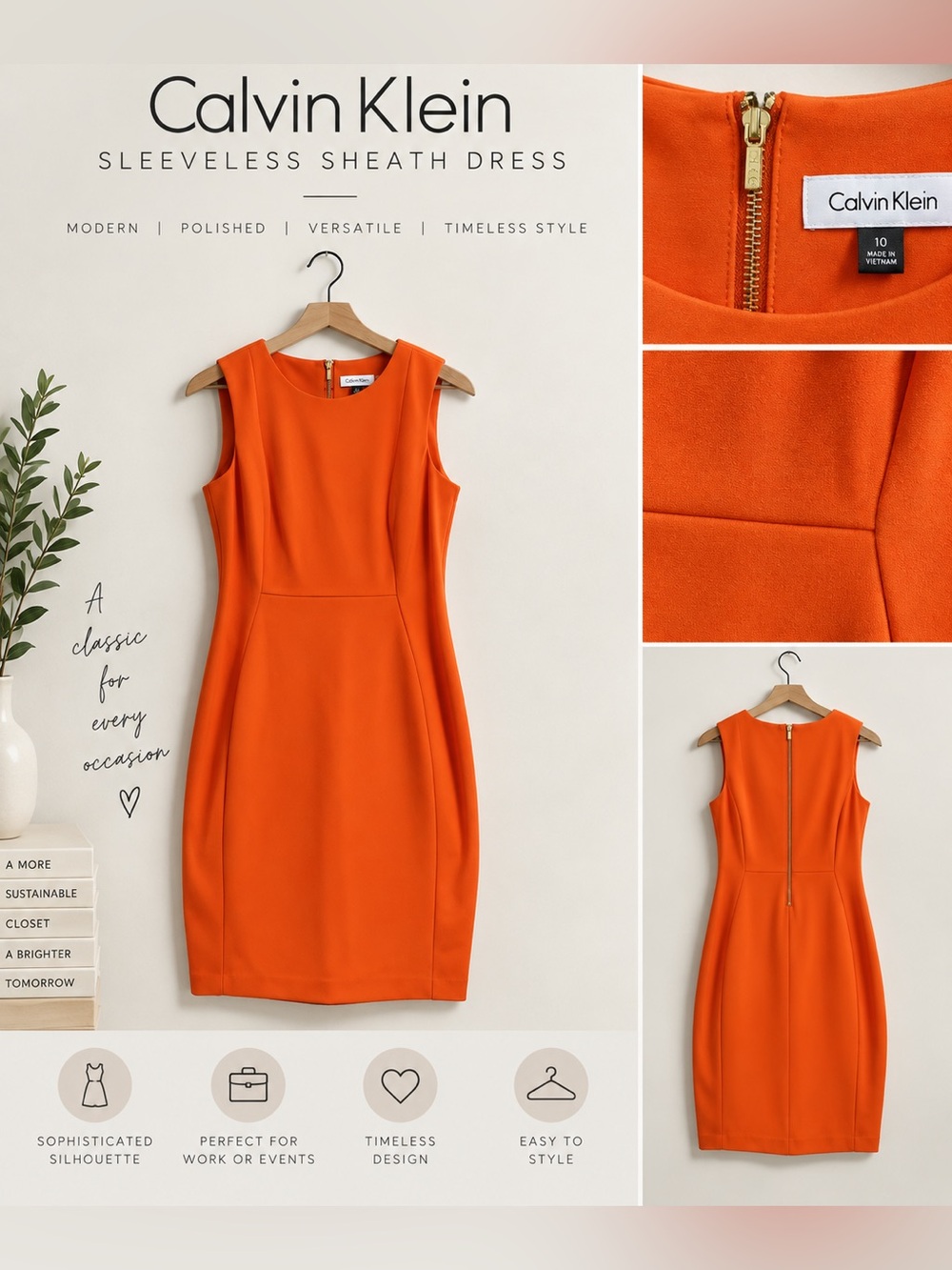 Calvin Klein Bright Orange Sleeveless Sheath Dress